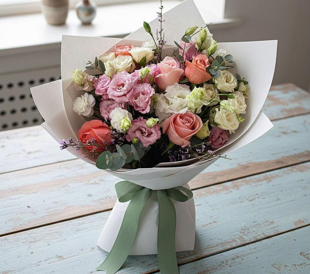 Букет цветов из: Розы, Лизиантусы и Гвоздики в Ольгино