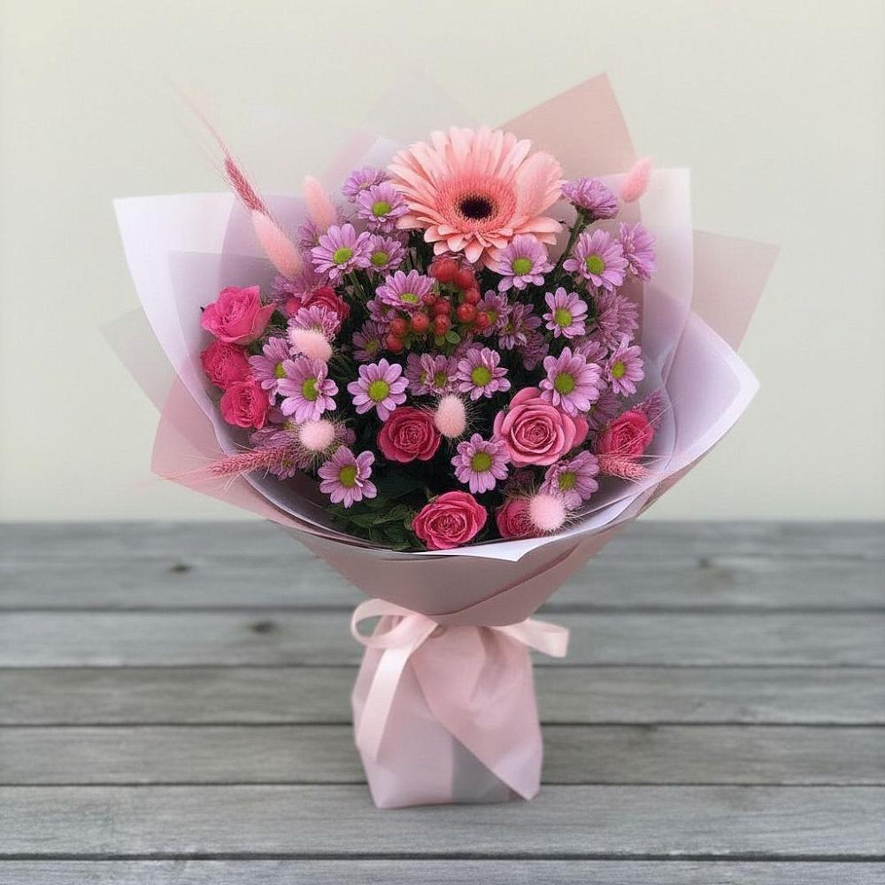 Букет цветов из: Розы, Герберы и Хризантемы в Ольгино