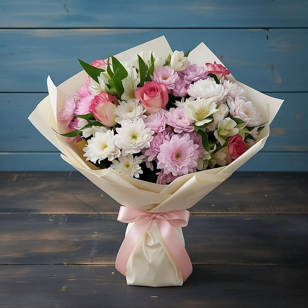 Букет цветов из: Хризантемы, Альстромерии и Розы в Ольгино